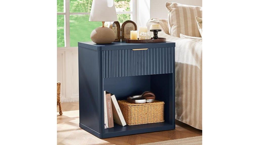 blue fluted nightstand with charging