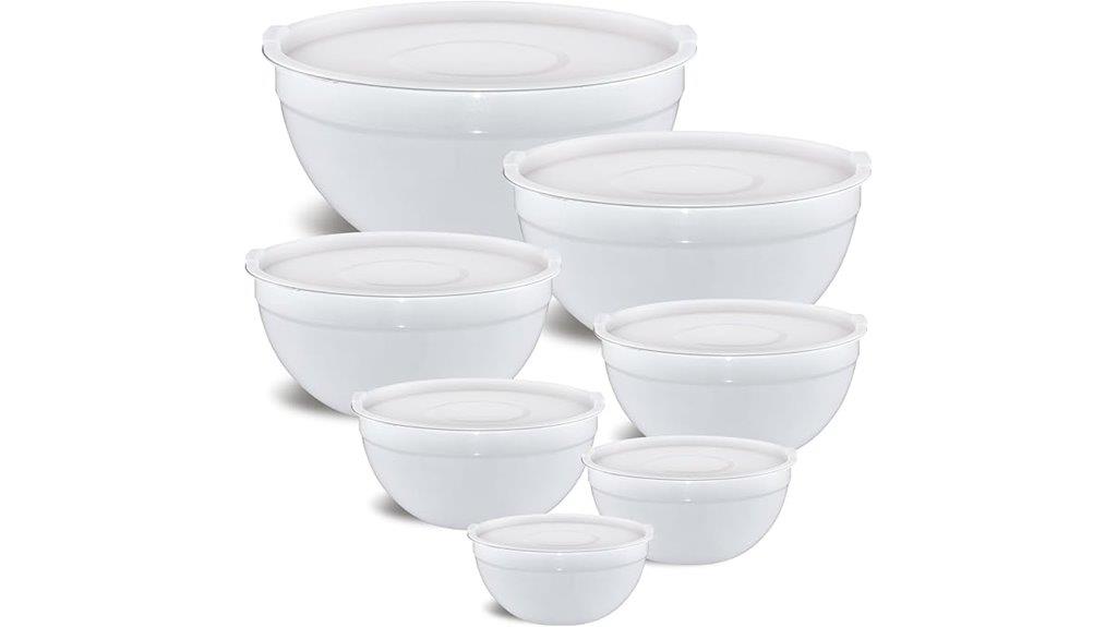 seven white steel bowls