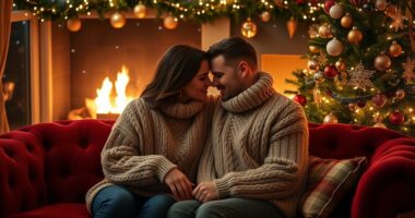 festive couple cozy photos